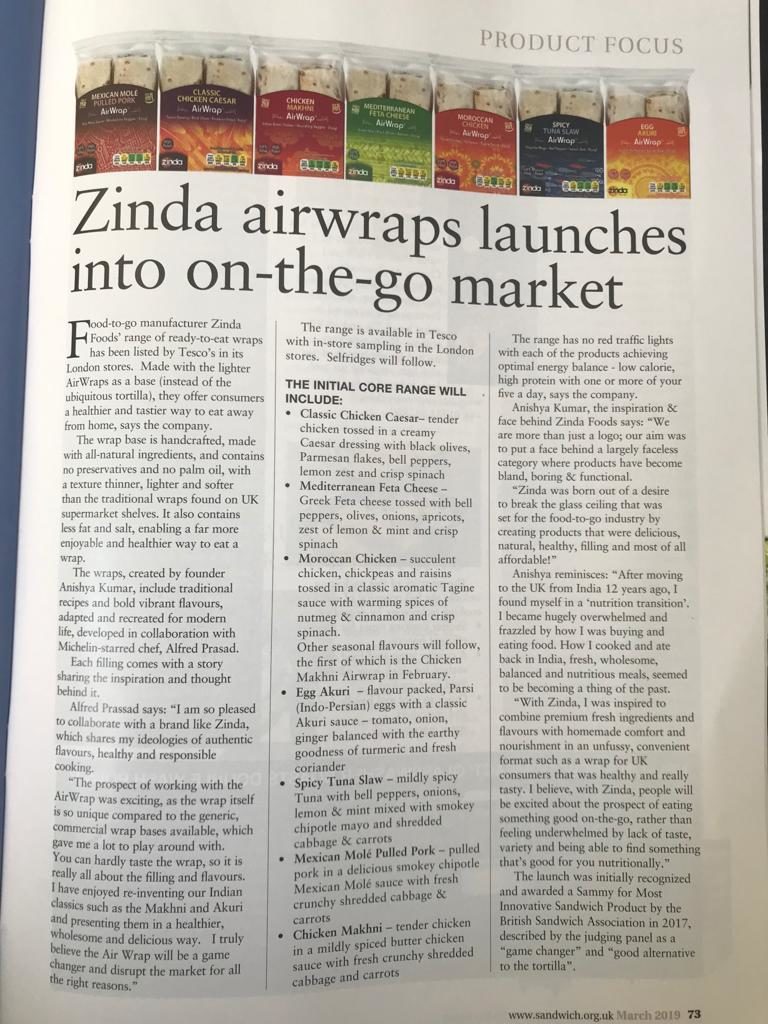 Zinda AirWraps in International Sandwich and Food to Go News